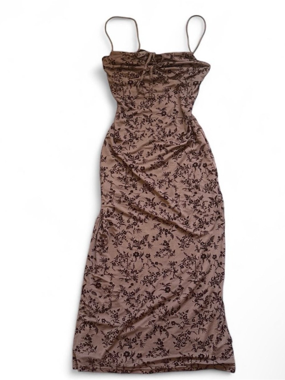 Dusty Mauve/Brown Floral Slip Maxi Dress with Spaghetti Straps
